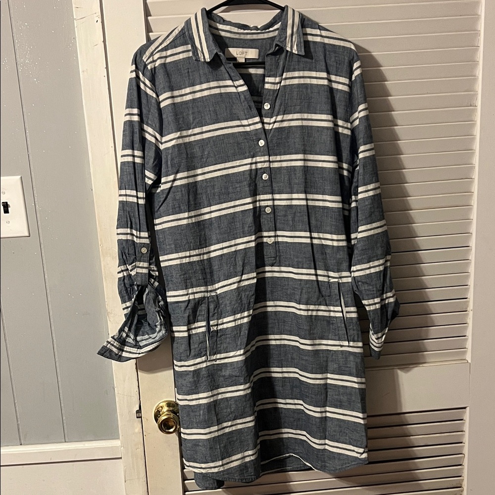 LOFT Navy and Cream Striped Tunic Dress